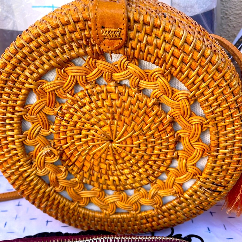 Rattan Round Straw handbag in orange color
